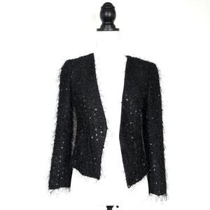 LOFT Black Sequin Fringe Open Front Long Sleeve Jacket